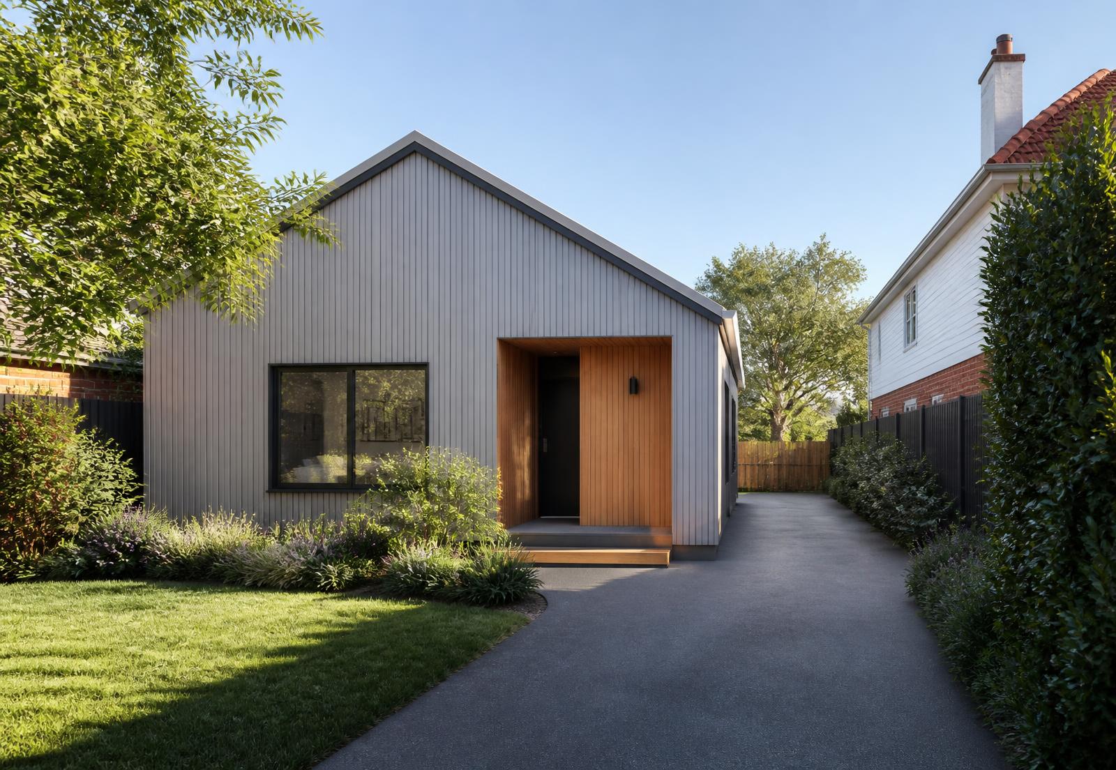 Two-bedroom contemporary minor dwelling at the rear of a suburban section with side driveway access